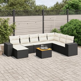 9 pcs conjunto de sofás p/ jardim c/ almofadões vime PE preto