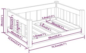 Cama para cães 75,5x55,5x28 cm madeira de pinho maciça