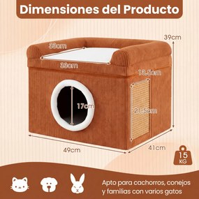 Cama para gatos de interior 49 x 41 x 39 cm - Grande caverna para gatos com condomínio, tapete de sisal para arranhar e almofada - castanha