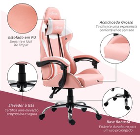 Vinsetto Cadeira Gaming Ergonômica Cadeira para Videojogos Reclinável com Altura Ajustável Apoio para a Cabeça e Almofada Lombar 63x67x122-130cm Rosa e Branco