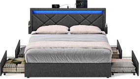 Estrutura de cama casal 180 x 200 cm (COLCHÃO NÃO INCLUIDO) em metal com iluminação LED nas gavetas e cabeceira cinzento escuro