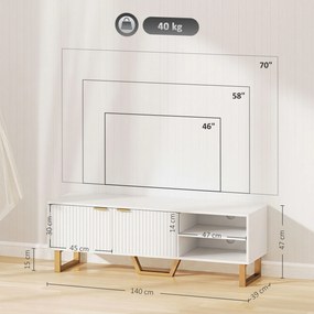 Móvel de televisão 140 L x 39 P x 47 A cm para televisores até 70 polegadas — armário com 2 portas caneladas, compartimento aberto e passa cabo branco
