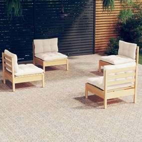 vidaXL 4 pcs conjunto lounge jardim c/ almofadões cor creme pinho