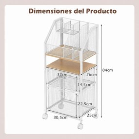 Carrinho de Arrumação, 37 x 26 x 84 cm, 2 Gavetas e Rodas com Travão, Branco