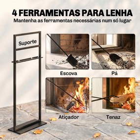 Conjunto de Utensílios para Lareira de 5 Peças em Metal com Escova Pá Atiçador Pinça e Suporte Preto