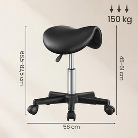 Banco de trabalho com rodas ergonómico em couro PU, com altura ajustável 56 x 56 x 45-61 cm Preto