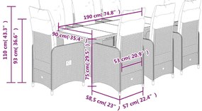 9 pcs conjunto bistrô de jardim c/ almofadões vime PE castanho