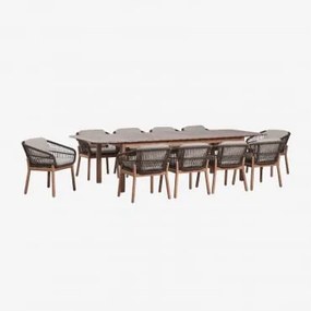 Conjunto De Mesa Retangular Extensível Duala 250-310x105 Cm E 10 Cadeiras De Jardim Em Madeira De Acácia E Corda Trançada Karvia Castanho Acácia & Tec