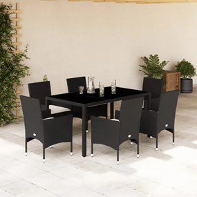 vidaXL 7 pcs conjunto jantar jardim c/almofadões vime PE/vidro preto