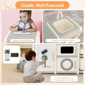 Organizador de arrumação de brinquedos para crianças Estante para crianças com quadro magnético Baú com armarios 116 x 38 x 98 cm Cinzento