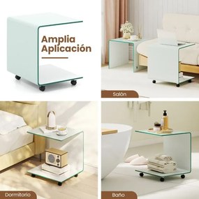 Mesa auxiliar em forma de C em vidro temperado 39,5 x 45 x 48 com prateleira de 2 níveis 4 rodas giratórias bloqueáveis Branco