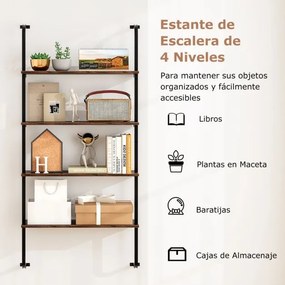 Estante de parede flutuante de 4 níveis Estante tipo escada com Moldura de metal 70 x 20,5 x 150 cm Castanho