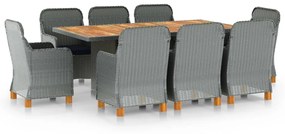 vidaXL 9 pcs conj. jantar exterior + almofadões vime PE cinzento-claro