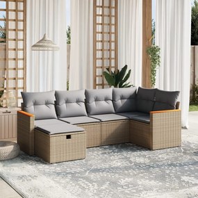 6 pcs conj. sofás jardim c/ almofadões vime PE bege misturado