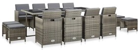 vidaXL 13 pcs conjunto jantar exterior com almofadões vime PE cinzento