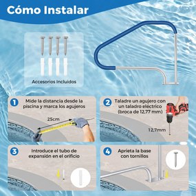 Corrimão de apoio para piscina em aço inoxidável, 119 x 79 cm, com capa antiderrapante e base de instalação rápida, para uso interior e exterior Prate