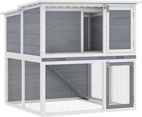 PawHut Viveiro para coelhos 2 andares em madeira com telhado rebatível à prova de intempéries, recinto externo, rampa, 98x95x102,5 cm Cinza | Aosom Portugal