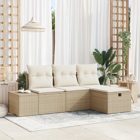 Conjunto de Sofá de Jardim de 4 Peças com Almofadas Bege Rattan Poliés