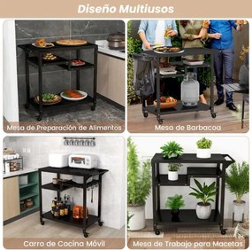 Carrinho de churrasco para exterior com 3 Estantes com 4 rodas e tábua de metal 111 x 50,5 x 93 cm Preto