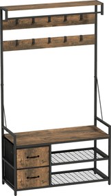 HOMCOM Móvel Cabide de Entrada com Banco 10 Ganchos 2 Gavetas e Barra para Pendurar Estilo Industrial 100x40x180 cm Castanho Rústico | Aosom Portugal