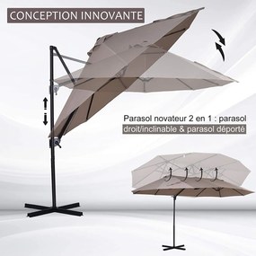 Guarda-sol deslocado de grandes dimensões XXL, inclinável, com base em cruz, dim. 4,45 x 2,7 x 2,6 m, base em aço incluída, poliéster castanho