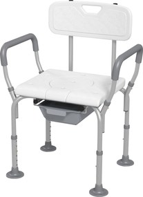 Cadeira de duche com orifício para sanita, balde, altura ajustável, pés antiderrapantes, carga máxima de 136 kg, em alumínio e HDPE branco