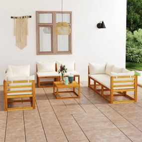 vidaXL 9 pcs conjunto lounge jardim c/ almofadões acácia maciça creme