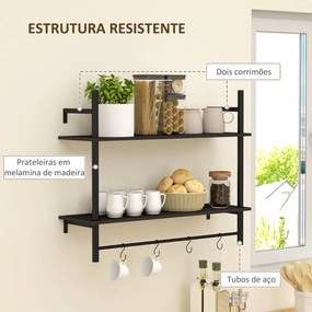 Estante de Parede de 2 Níveis Estante Suspensa com 4 Ganchos 2 Prateleiras e Estrutura de Metal 80x24x65 cm Preto