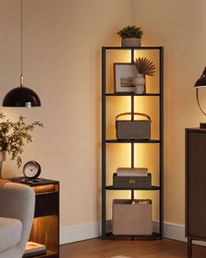 Estante de canto com 5 prateleiras 24,8 x 48 x 146,6 cm, estante para livros com iluminação LED ajustável Preta