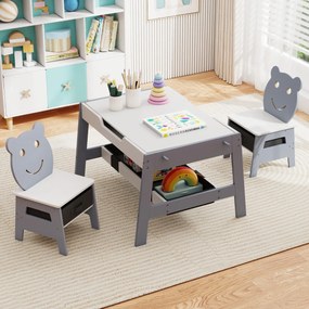 Conjunto de Mesa e 2 cadeiras infantil Secretária 5 em 1 com superfície reversível Quadro branco e preto 4 ganchos Compartimentos Cinzento