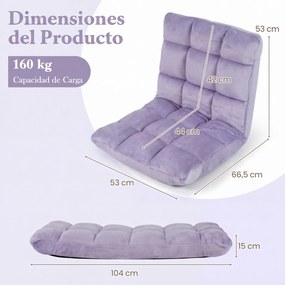 Cadeira de Chão Dobrável, 104 x 53 x 15 cm, Encosto Ajustável em 14 Posições, Roxo-claro