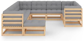 11 pcs conjunto lounge de jardim c/ almofadões pinho maciço