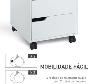 Bloco de Gavetas para Escritório Móvel de Escritório Bloco de Gavetas com 3 Gavetas e 4 Rodas 40x50x57,5 cm Branco