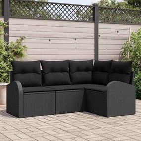 Conjunto de Sofá de 4 Peças para Jardim com Almofadas Preto Rattan Pol
