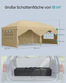 Tenda dobrável de 3 x 6 m para jardim e festas, com 6 paredes laterais, cor bege