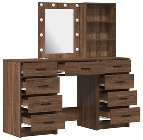 Conjunto de Mesa de Maquiagem de 3 Peças com LED em Madeira de Carvalh