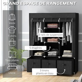 Guarda Roupa dobrável em tecido com 5 prateleiras, 2 varões e 3 gavetas em tecido 125 x 43 x 162,5 cm Preto