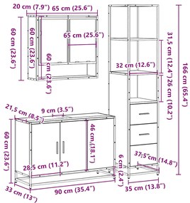 3 pcs Conjunto móveis casa de banho madeira proc. cinza sonoma