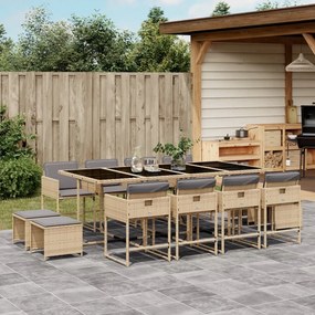 vidaXL 13 pcs conj. jantar jardim c/ almofadões vime PE bege misturado
