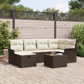 Conjunto de Sofá de Jardim de 7 Peças com Almofadas Castanho Poliratta
