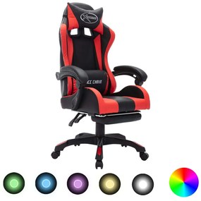 Cadeira estilo corrida luzes LED RGB couro arti. vermelho/preto
