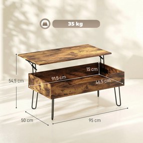 Mesa de Centro Retangular em Madeira com Grande Armazenamento Oculto Altura Ajustável 95x50x40 cm Castanho Rústico