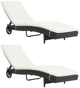 vidaXL Espreguiçadeiras com rodas e almofadões 2 pcs vime PE preto