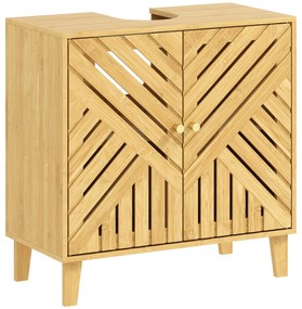 HOMCOM Móvel para Lavatório Pousar em Bambu Móvel de Casa de Banho com 2 Portas Ripadas e Prateleira Ajustável Armário de Casa de Banho para Lavatório sem Pedestal Estilo Nórdico 60x30x60 cm Madeira