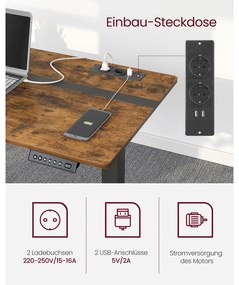 Secretária elétrica com altura ajustavel com 2 tomadas e 2 portas USB; e gaveta 60 x 140 x (72-120) cm castanho vintage-preto