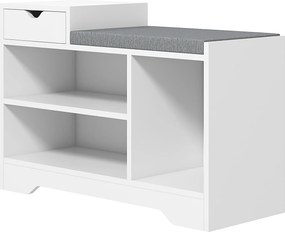 Móvel e banco sapateira com 1 gaveta e 3 compartimentos 76,5 x 30 x 52 cm, capacidade para 5 pares, em MDF branco e cinzento