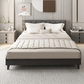 Estrutura Cama 200 x 180 cm em madeira estofada (Sem colchão), estrutura moderna com cabeceira acolchoada, botões para colchão, fácil montagem, cinza