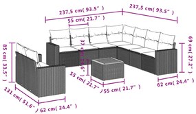 10 pcs conjunto sofás de jardim c/ almofadões vime PE cinzento