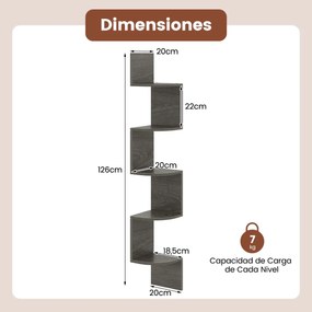 Estante de canto 20 x 20 x 126 cm  de 5 níveis Organizador de armazenamento montado na parede para sala, quarto e cozinha Cinza