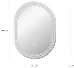 Espelho Casa de Banho com Iluminação 70x50 cm Espelho de Parede com 3 Cores de Luz Brilho Ajustável Função Anti-Embaciamento Função Memória
